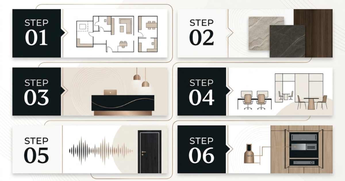 Six-step infographic for material selection, floor plans, and layout for corporate architecture.